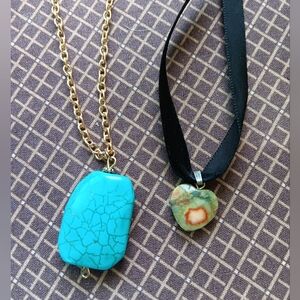 2 necklaces- natural stone heart pendant & faux turquoise pendant. Cord & chain